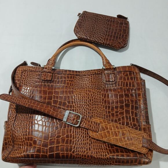 Franklin Covey Croc Embossed Leather Briefcase Laptop Bag Brown Satchel Tote - Picture 1 of 16